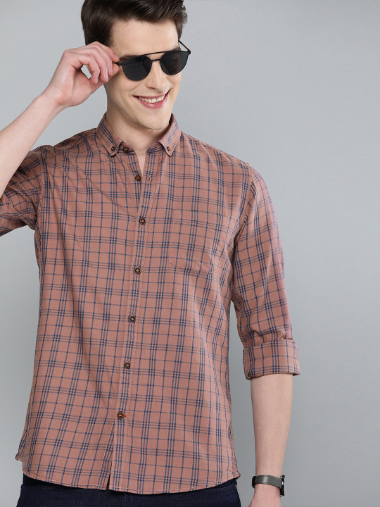Mast & Harbour Men Brown & Blue Regular Fit Checked Casual Shirt