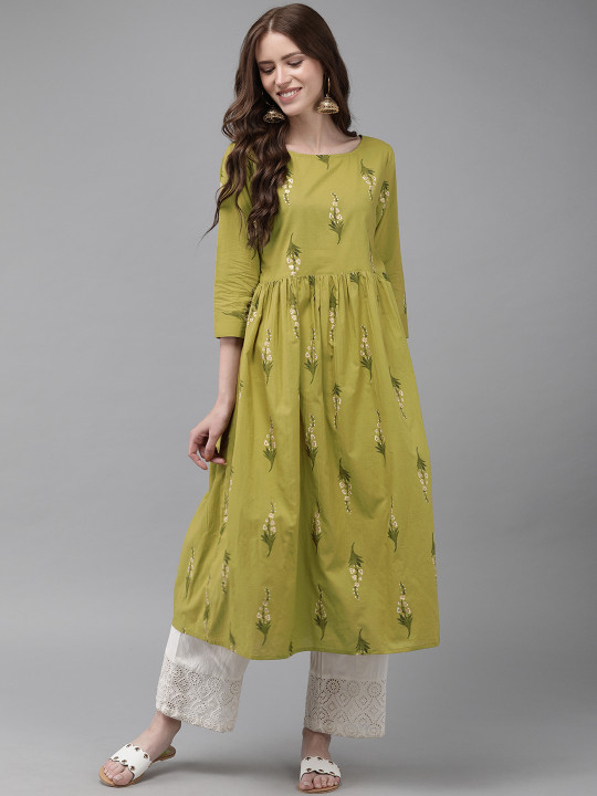 Anouk Women Green Floral Printed A-Line Kurta
