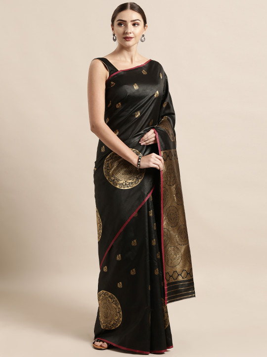 VASTRAD Black & Gold-Toned Silk Blend Woven Design Banarasi Saree