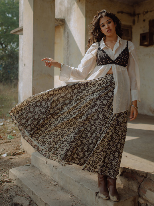 anayna Black & Beige Printed Flared Pure Cotton Maxi Skirt