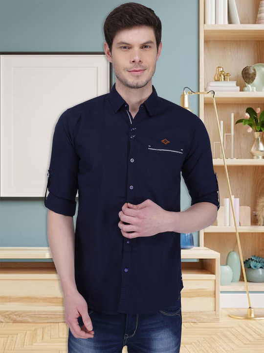 Kuons Avenue Men Navy Blue Slim Fit Solid Casual Shirt