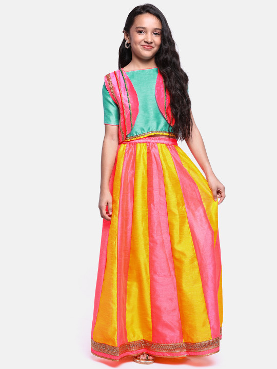 Turquoise Pink & Yellow Ready to Wear Lehenga with Blouse