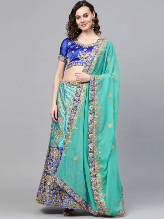 Women Blue & Golden Zari Embroidered Semi-Stitched Lehenga Choli with Dupatta