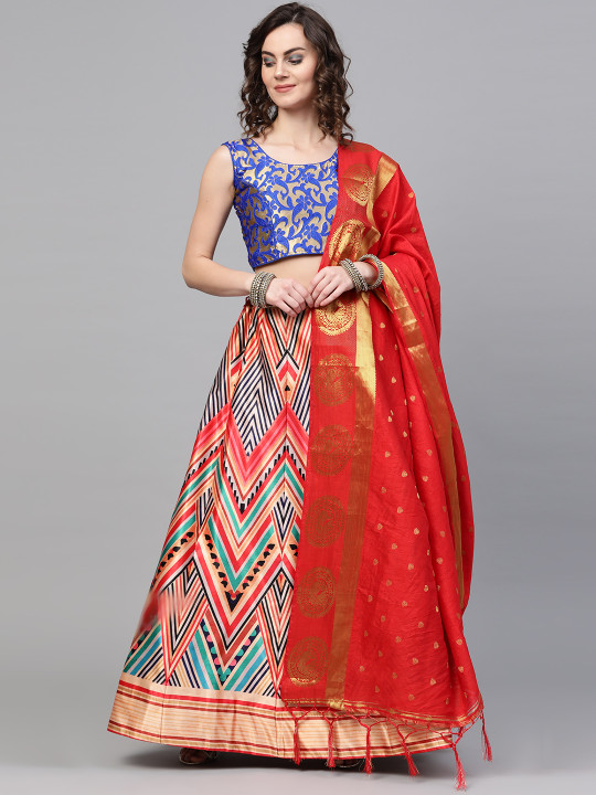 Red & Golden Block Print Made-to-Measure Lehenga & Banarasi Dupatta