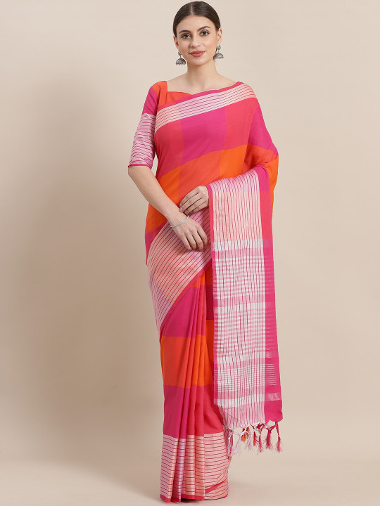 Pink & Orange Checked Saree