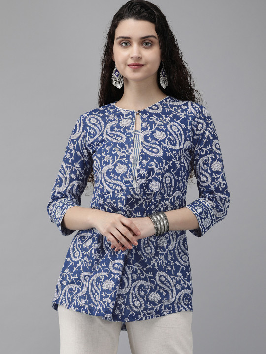 Rain & Rainbow Women Blue & White Printed Pure Cotton Straight Kurti