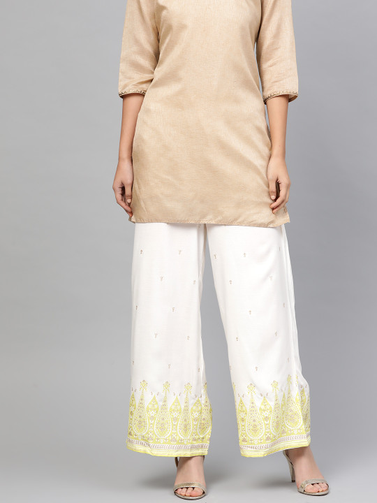 W Women White & Lime Green Printed Straight Palazzos