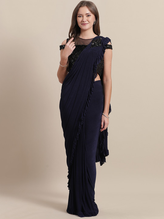 Navy Blue Solid Ruffle Ready To Wear Saree