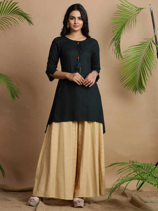 Juniper Women Green Rayon Slub Asymmetric A-Line Kurti