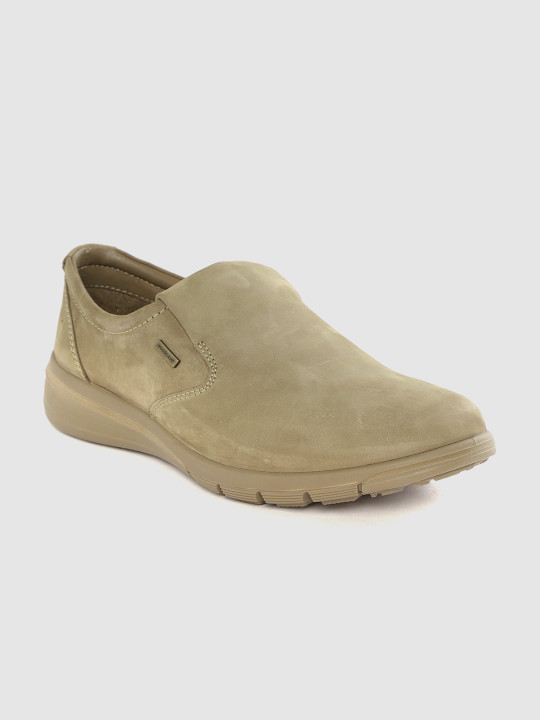 Woodland Men Khaki Leather Slip-On Sneakers