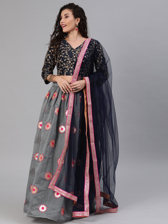 Navy Blue & Grey Embroidered Made to Measure Lehenga & Blouse with Dupatta