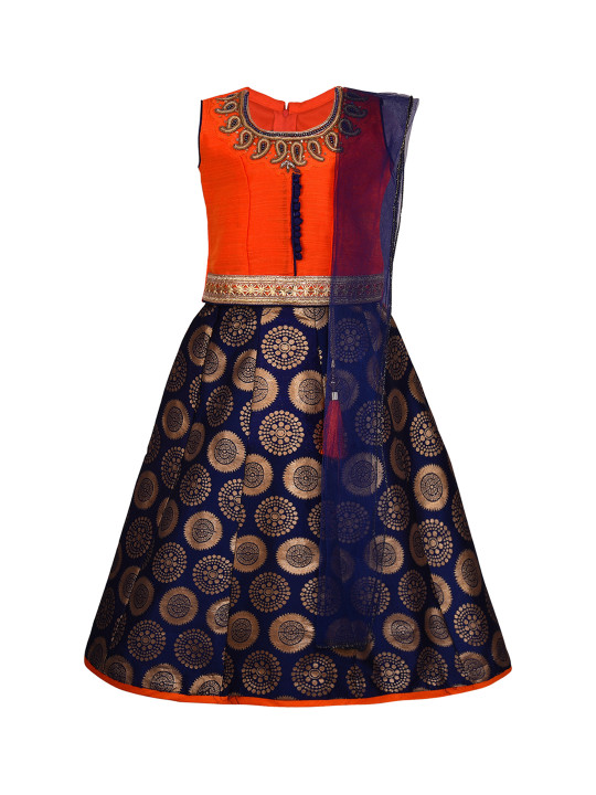 Girls Orange & Navy Blue Embellished Ready to Wear Pattu Pavadai with Dupatta