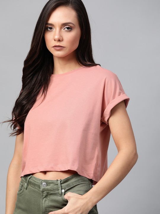 Roadster Women Dusty Pink Solid Round Neck Crop Top