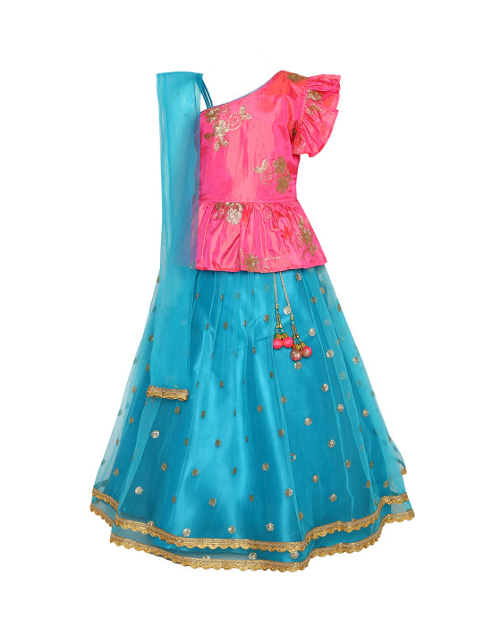 Girls Turquoise Blue & Pink Embellished Ready to Wear Lehenga & Blouse with Dupatta