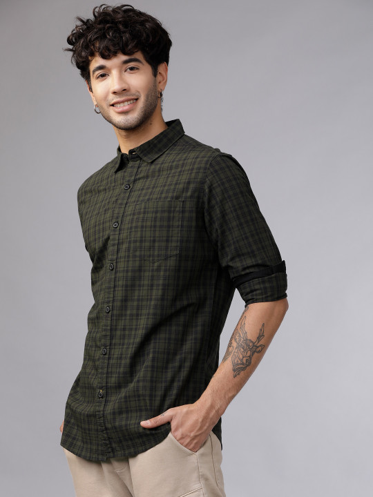 men olive green & black slim fit checked casual shirt