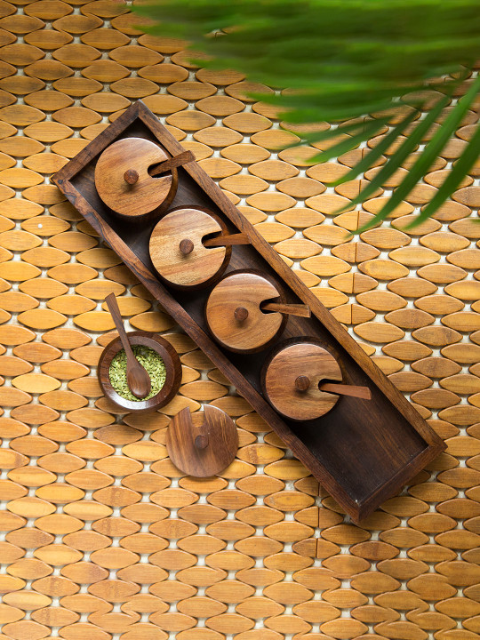 ExclusiveLane Set Of 5 Brown Solid Handcrafted Jar Set With Tray & Spoons