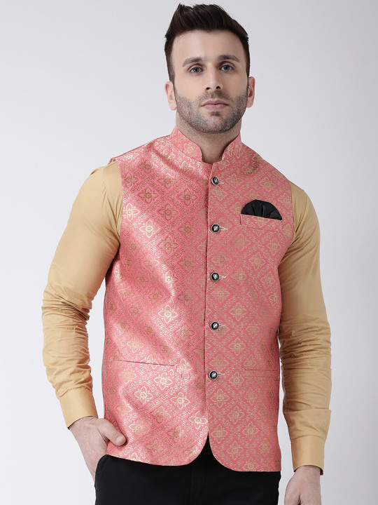 Men Pink &amp; Gold-Coloured Woven Design Festive Nehru Jacket