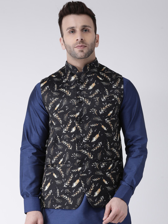 Men Black &amp; Off-White Printed Festive Nehru Jacket