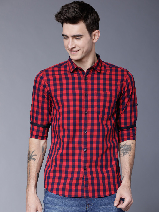 HIGHLANDER Men Red & Navy Blue Slim Fit Checked Casual Shirt