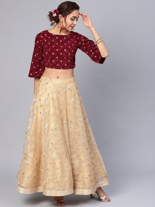 Gold-Toned & Maroon Ready to Wear Lehenga with Blouse