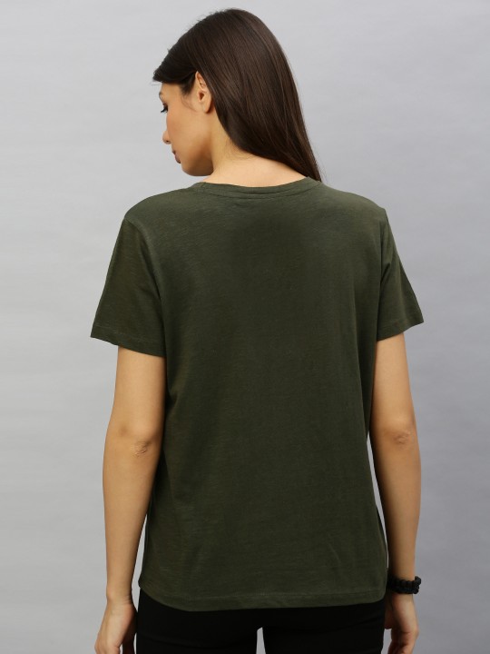 Roadster Women Olive Green Solid Round Neck T-shirt