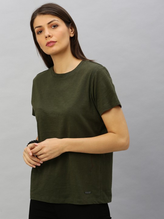 Roadster Women Olive Green Solid Round Neck T-shirt