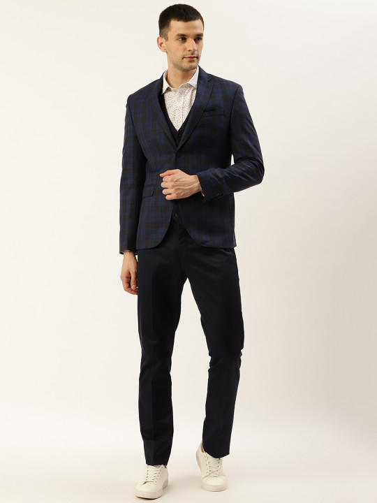 Blackberrys Men Navy Blue & Black Checked Slim Fit Single-Breasted Formal Suit