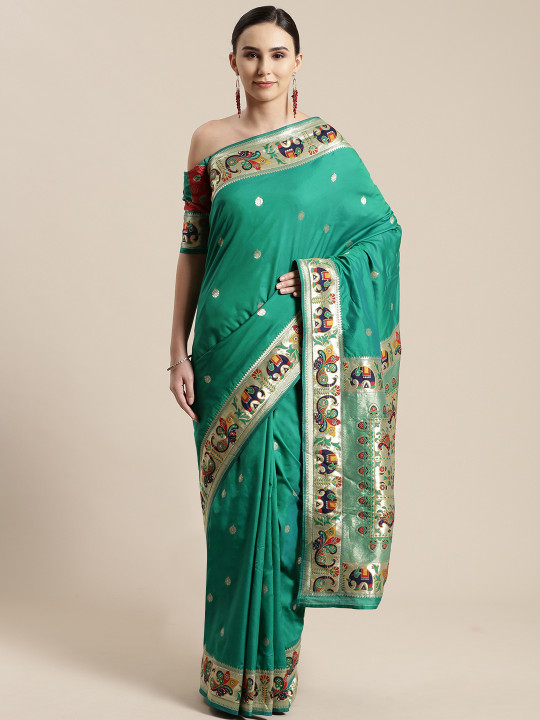 Saree mall Green & Golden Woven Design Banarasi Saree