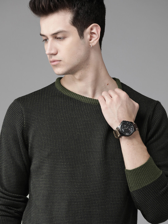 Roadster Men Navy Blue & Olive Green Self Design Pullover