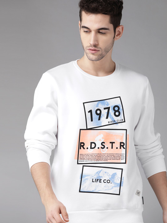 Men White & Orange Printed Sweatshirt
