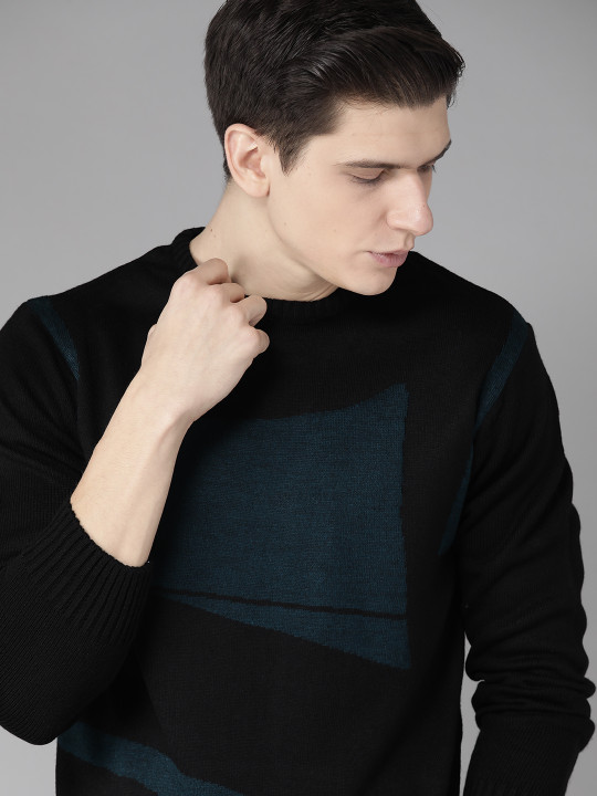Roadster Men Black & Teal Blue Colourblocked Pullover