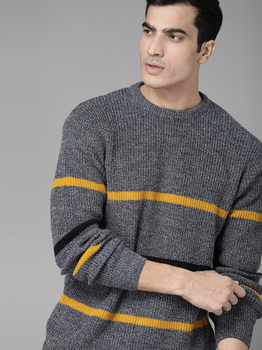 Roadster Men Navy Blue & Mustard Yellow Striped Pullover