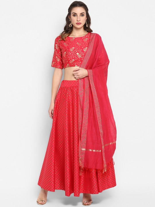 Red & Gold-Coloured Printed Ready to Wear Lehenga & Blouse with Dupatta