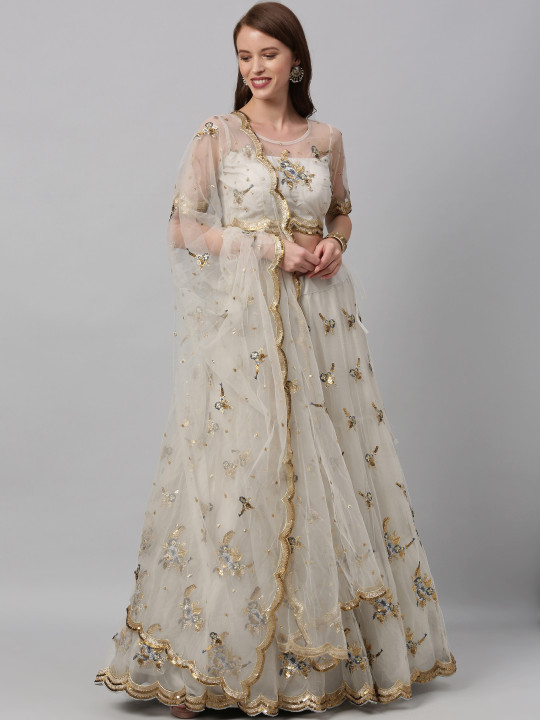 Grey Semi-Stitched Sequinned Lehenga & Blouse with Dupatta