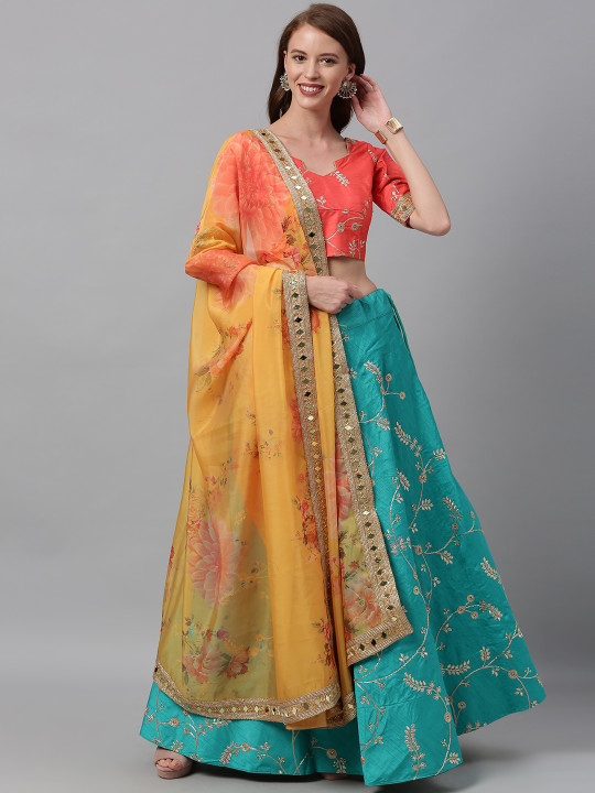 Turquoise Blue & Orange Embroidered Semi-Stitched Lehenga Choli