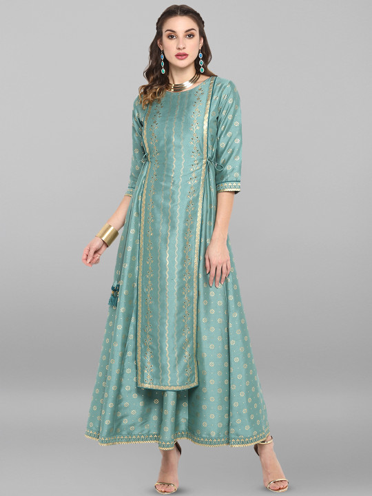 Janasya Silk Blend Foil Print Flared Ethnic Dress