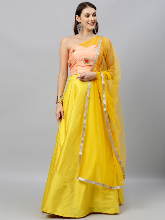 Peach-Coloured & Yellow Embroidered Made to Measure Lehenga & Blouse with Dupatta