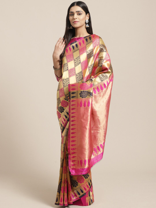 Saree mall Pink & Navy Blue Woven Design Banarasi Saree