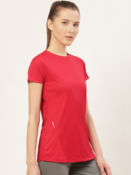 Women Red Solid Round Neck Workout T-shirt