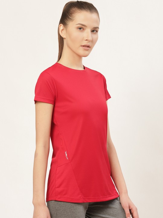 Women Red Solid Round Neck Workout T-shirt