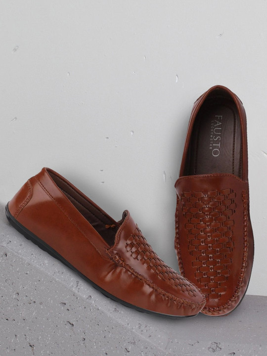 FAUSTO Men Brown Woven Design Memory Foam Loafers