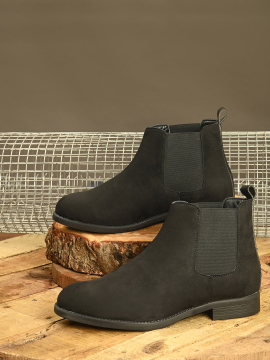 Hirels Men Black Solid Suede Mid-Top Flat Chelsea Boots