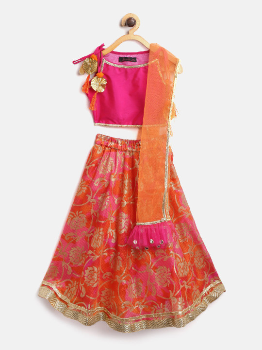 Girls Orange & Magenta Printed Ready to Wear Lehenga & Blouse with Dupatta