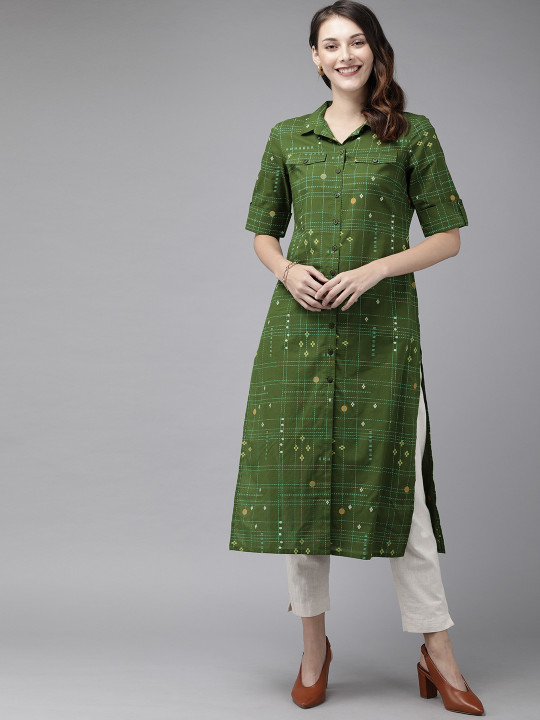 Anouk X fwd Women Olive Green Antiviral Finish Geometric Print Cotton Straight Kurta