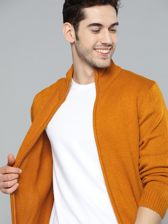 Mast & Harbour Men Orange Solid Cardigan Sweater