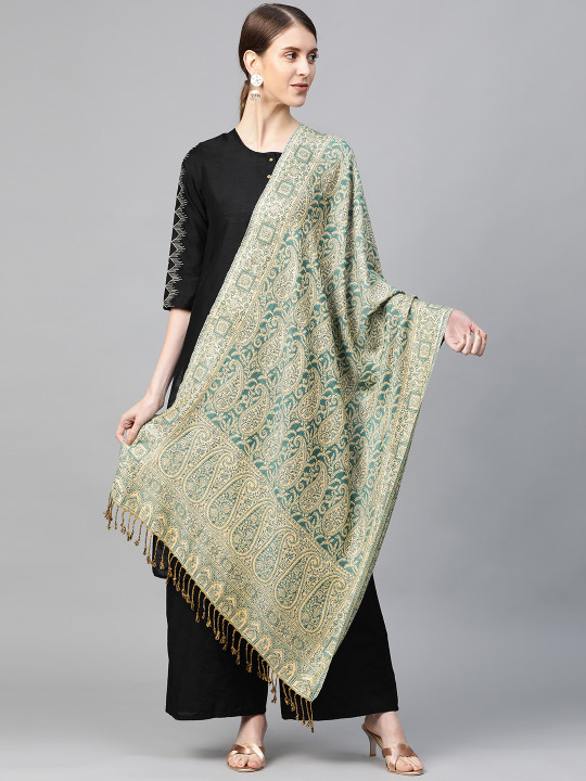 WEAVERS VILLA Women Green & Beige Paisley Woven Design Tasselled Stole