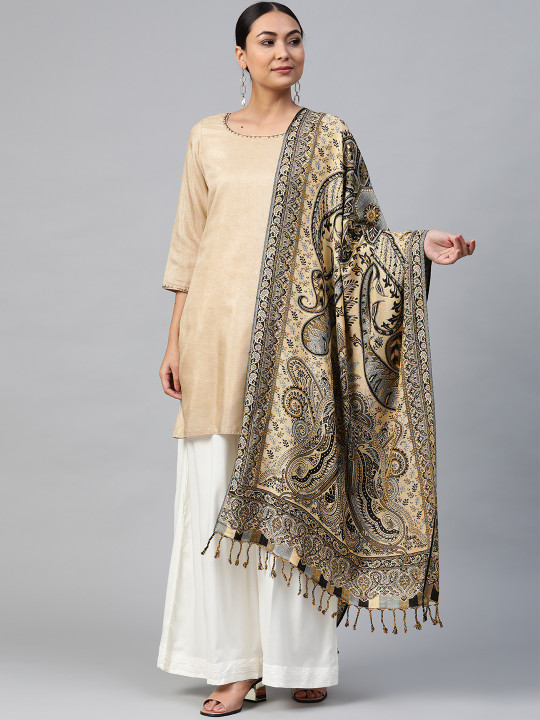 WEAVERS VILLA Women Beige & Black Paisley Woven Design Stole