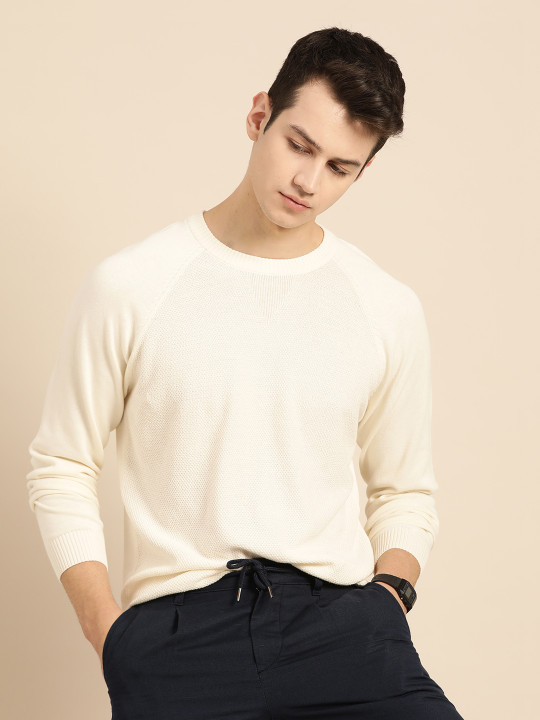 Mr Bowerbird Men Off-White Tailored Fit Self-Design Pullover