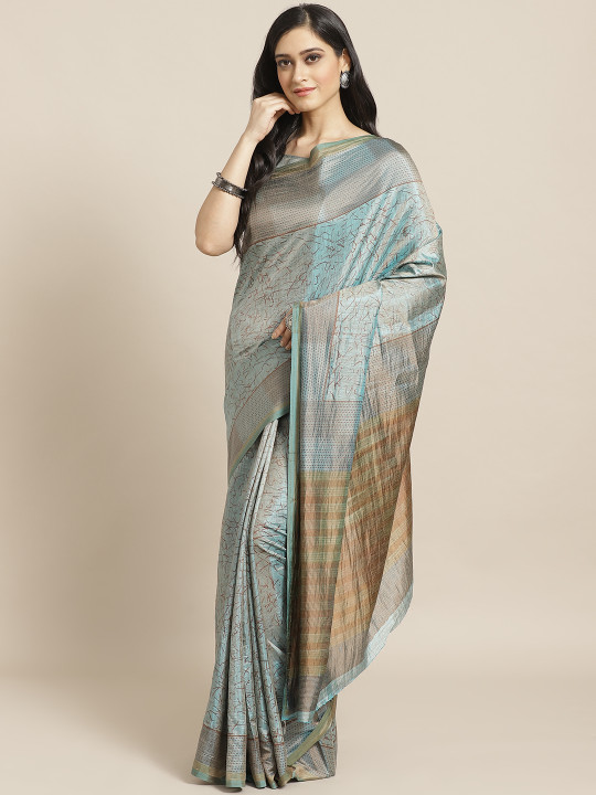 Saree mall Sea Green & Brown Printed Saree