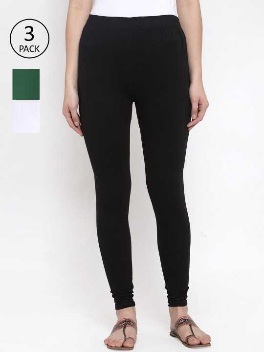 Women Pack Of 3 Solid Churidar-Length Leggings